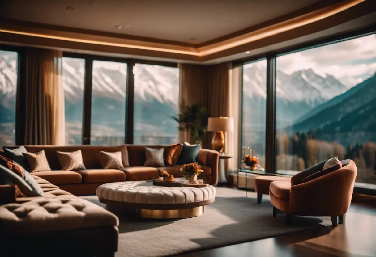 A luxurious suite with a panoramic view of the mountains, offering ultimate comfort and relaxation.