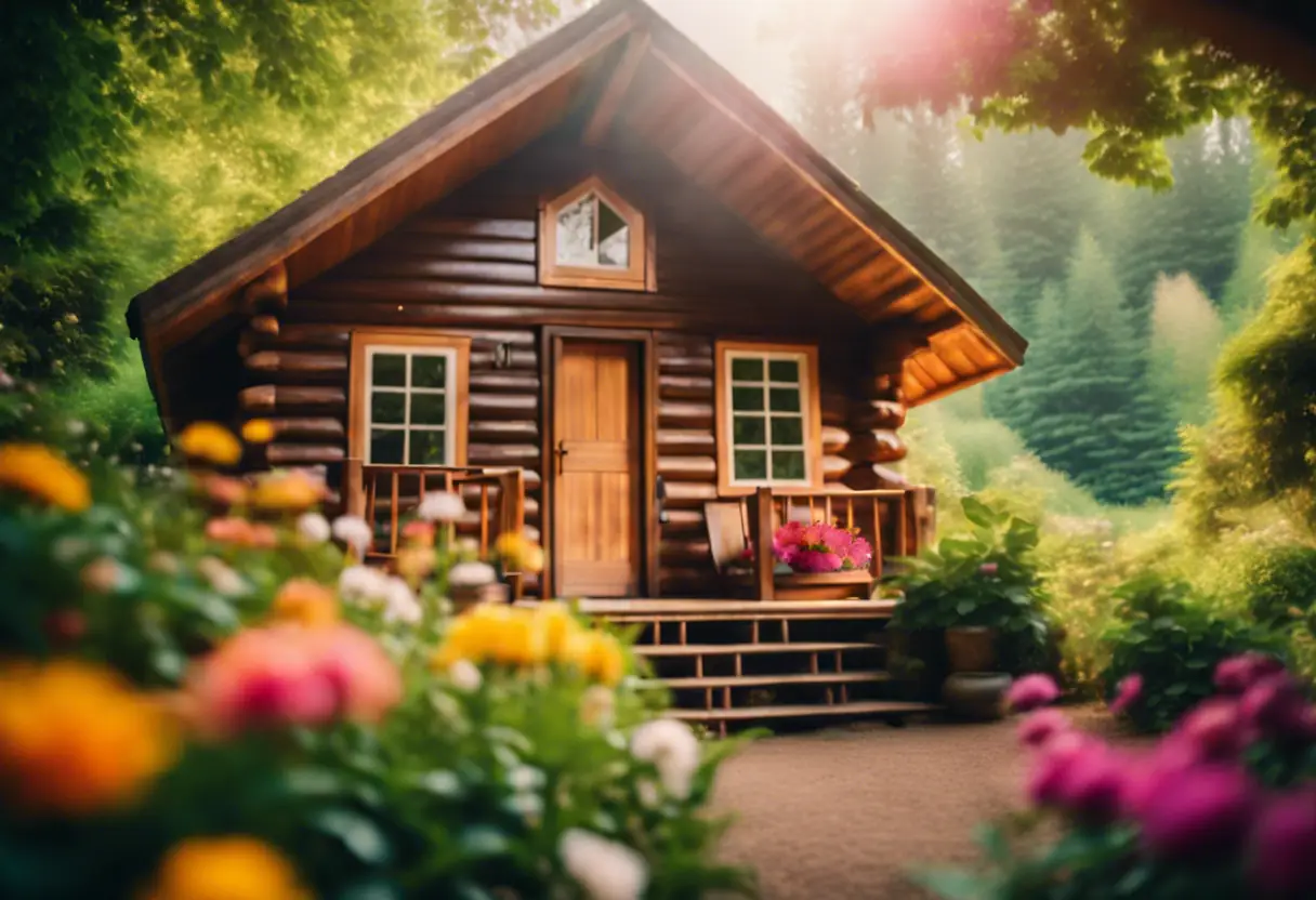 A cozy wooden cabin surrounded by lush greenery, perfect for a peaceful retreat.