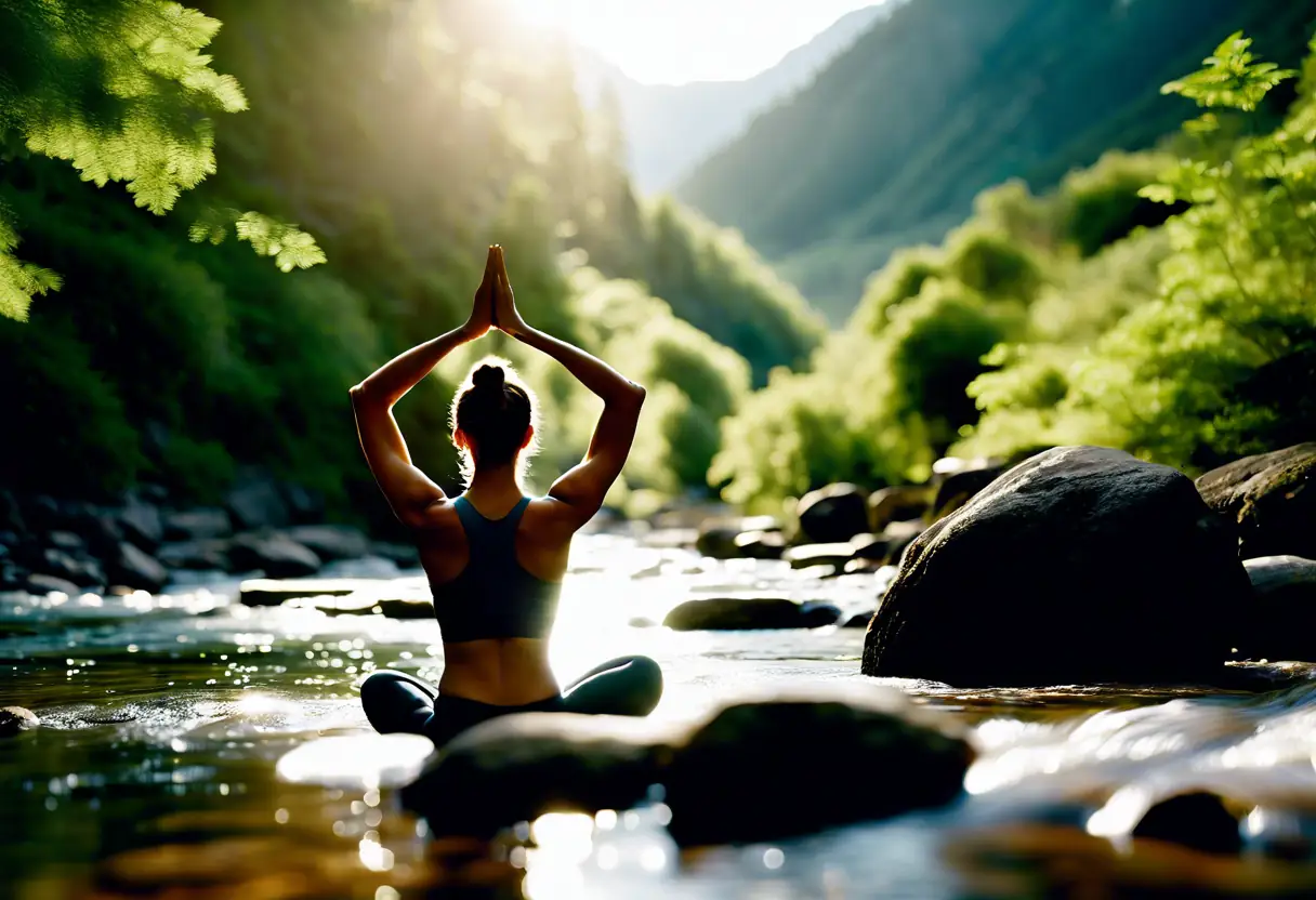 A person practicing Vinyasa Yoga by a flowing mountain stream.