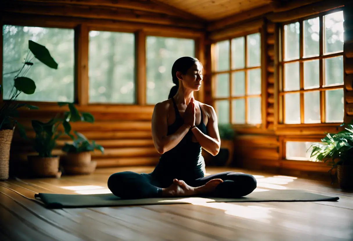 A person practicing Yin Yoga in a cozy mountain cabin, showcasing relaxation and deep stretches.