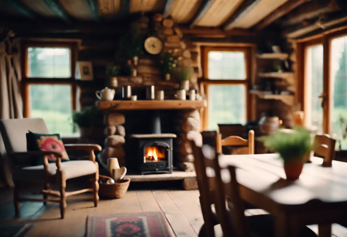 A rustic cottage with a charming interior, surrounded by nature, perfect for a serene getaway.